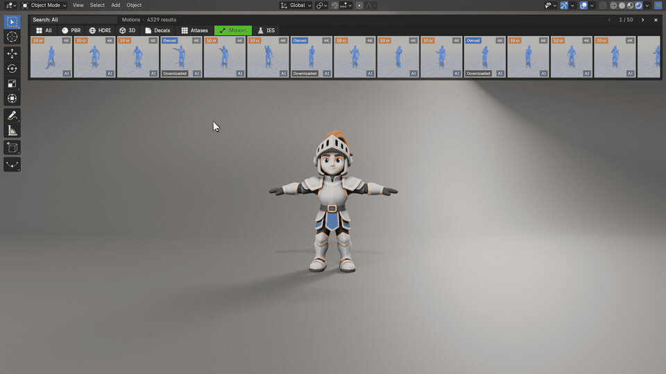 Searching motions and playing them on the rigged character
