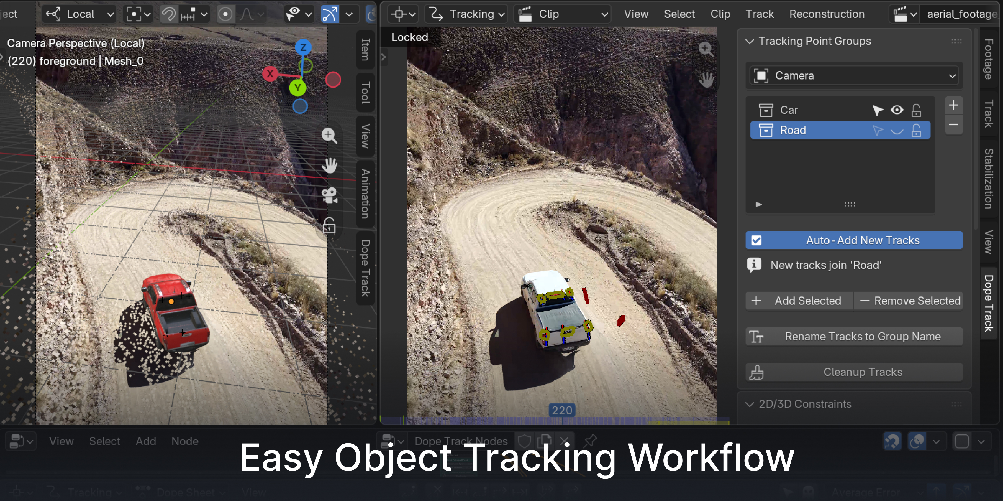A vehicle tracked as a separate moving object in a moving-camera Blender shot