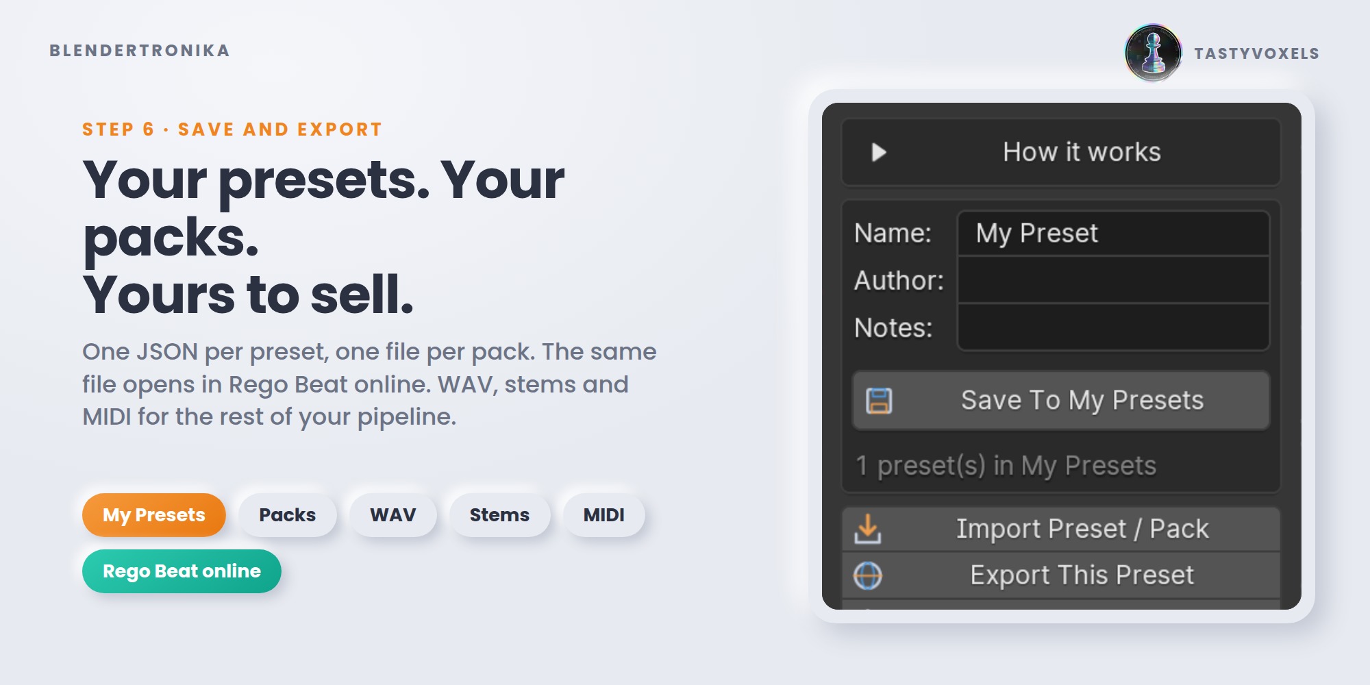 Blendertronika: the Save and Export panel with its export buttons