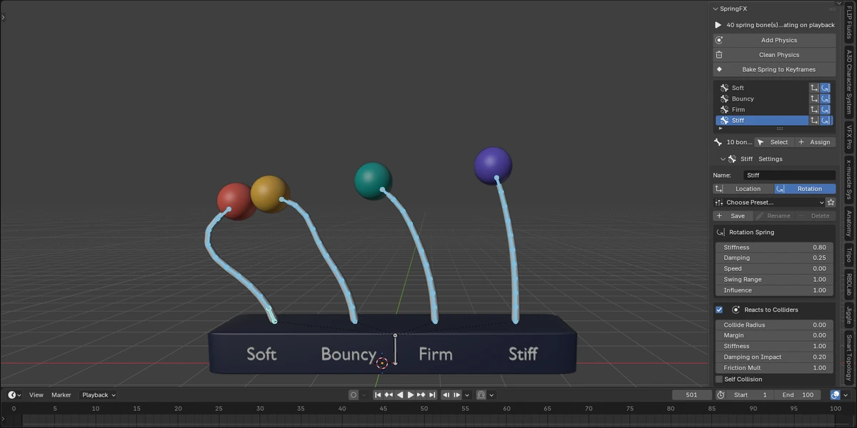 SpringFX stiffness comparison in the Blender viewport
