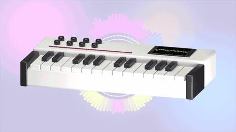 The eight built-in music devices dancing in Blendertronika music videos: synth keyboard, boombox, retro monitor centred in its ring, tower speaker, cassette and studio microphone
