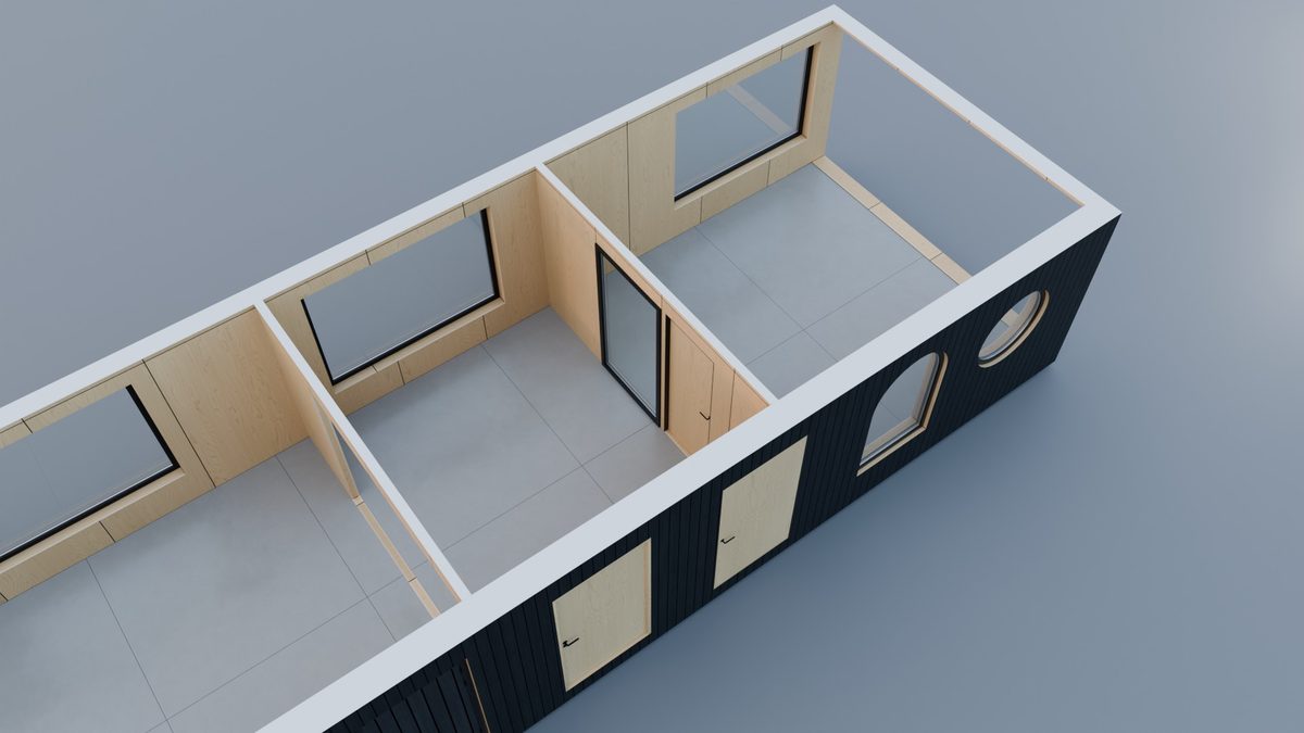 Cutaway of a cabin divided by partitions with doors