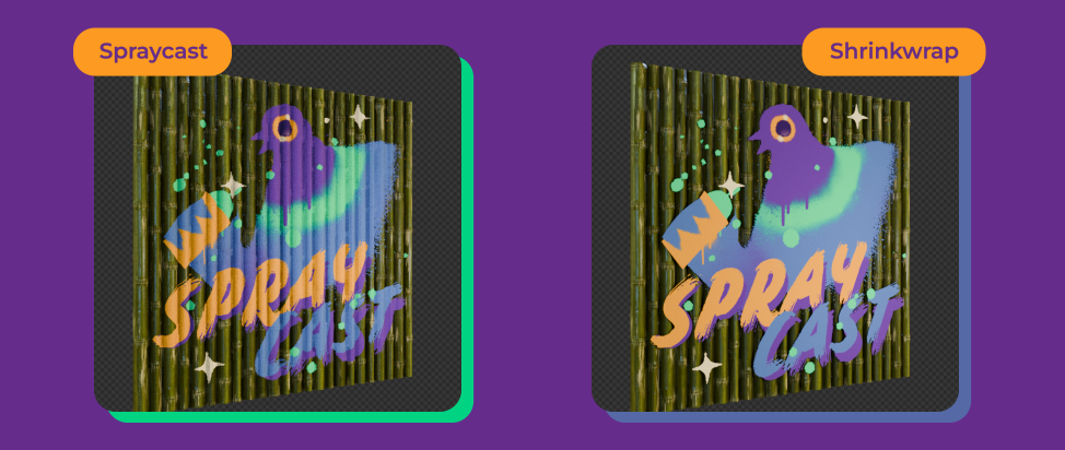Use the target surface information in Spraycast - apply normals, displacement and shadows to a spray