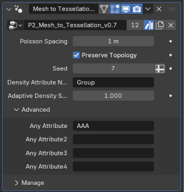 Blender 5.0+ v0.7 modifier panel with Adaptive Density controls and four Any Attribute slots