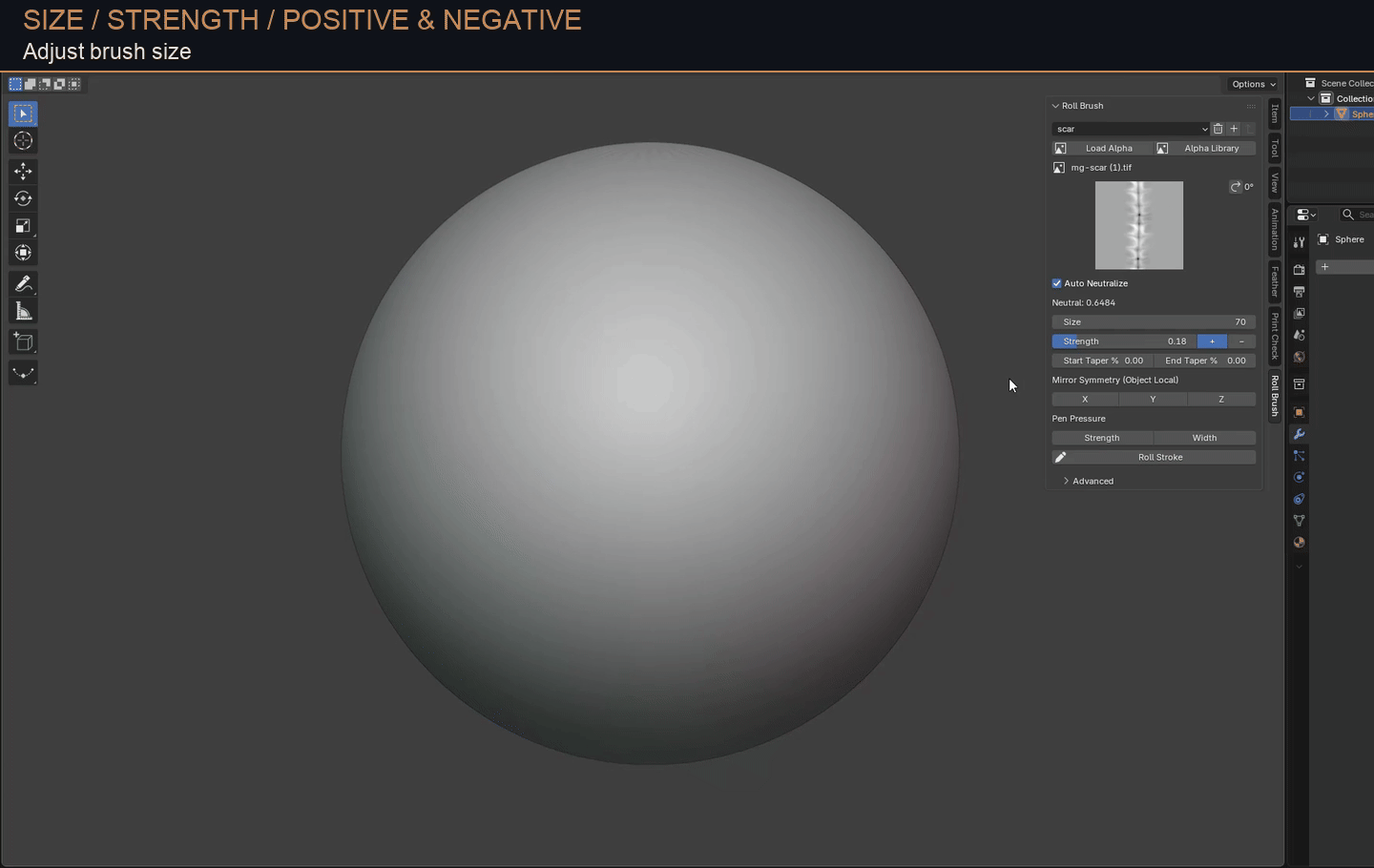 Adjust Roll Brush size, strength and positive or negative relief