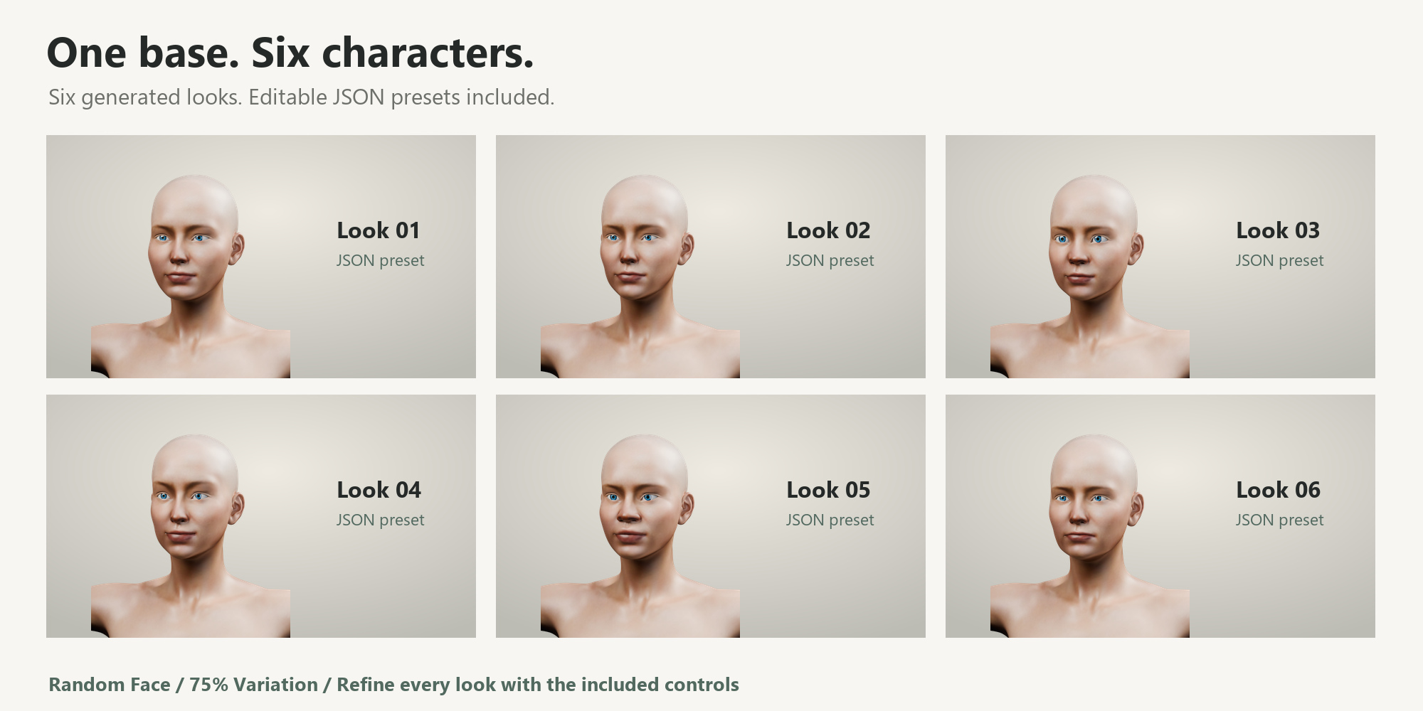 Six generated faces with included presets