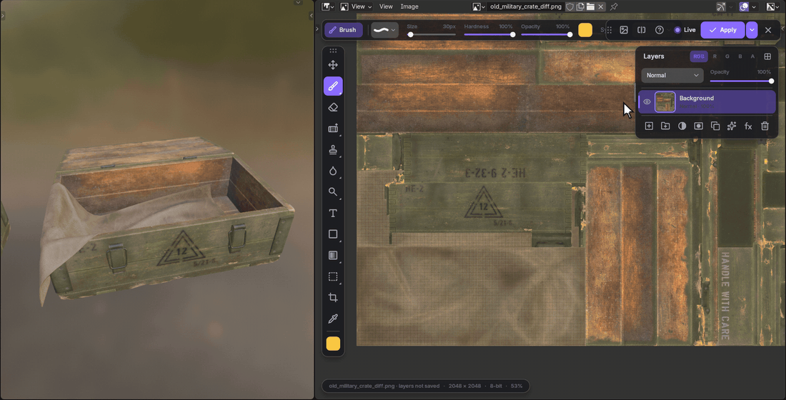 Editing the crate's texture beside the 3D view