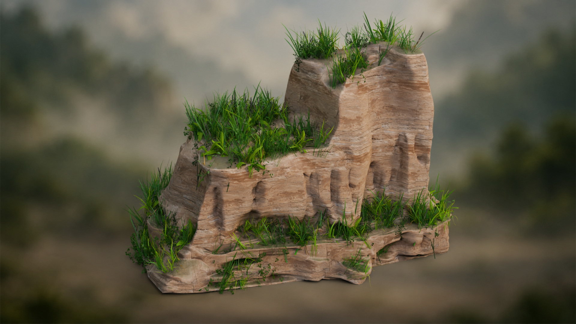Stylized cliff rock columns and grassy ledges made with Blender Geometry Nodes