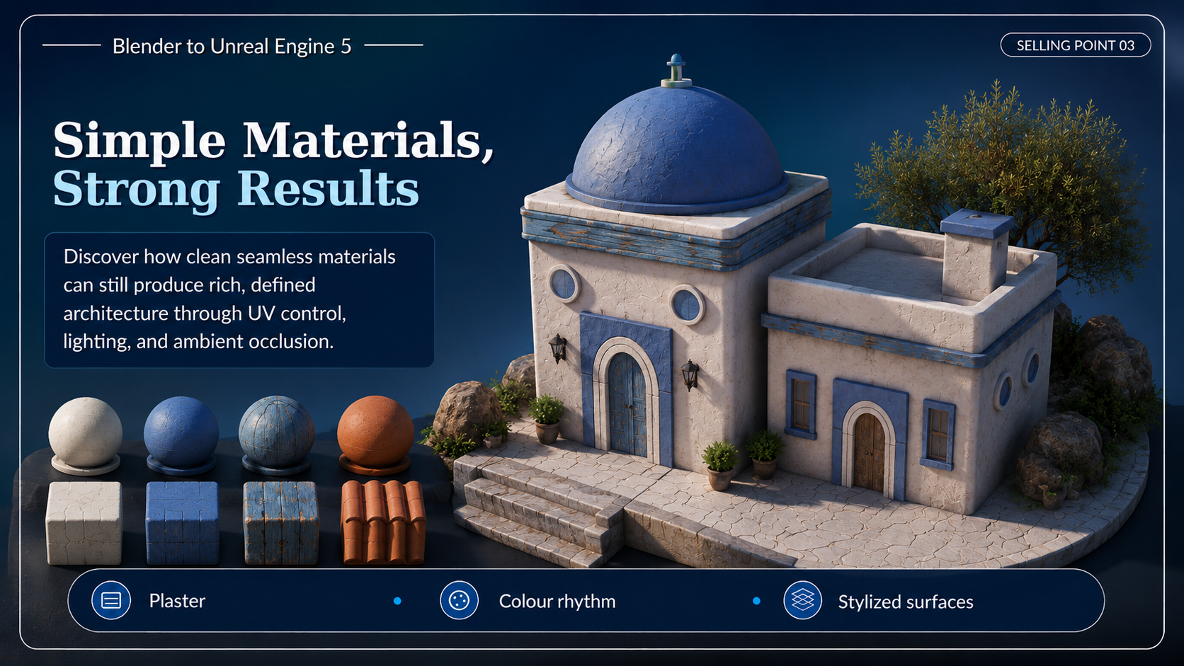 Simple stylized materials producing strong results on Greek island architecture in Blender