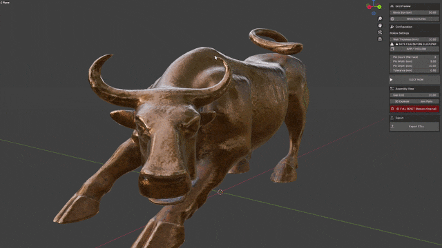 A model sliced into printable blocks inside Blender