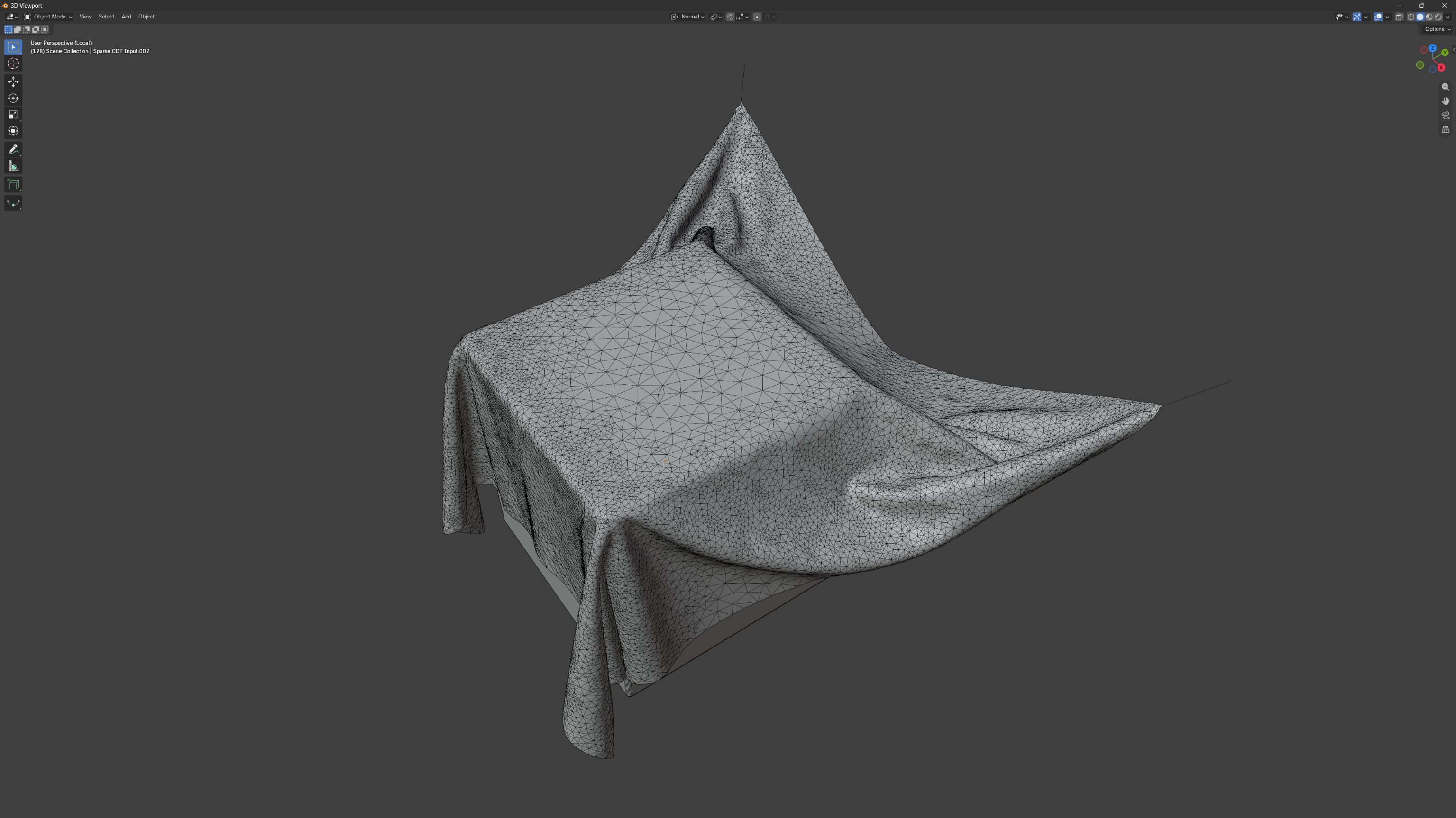 Adaptive cloth application example showing varying triangle density across a draped surface