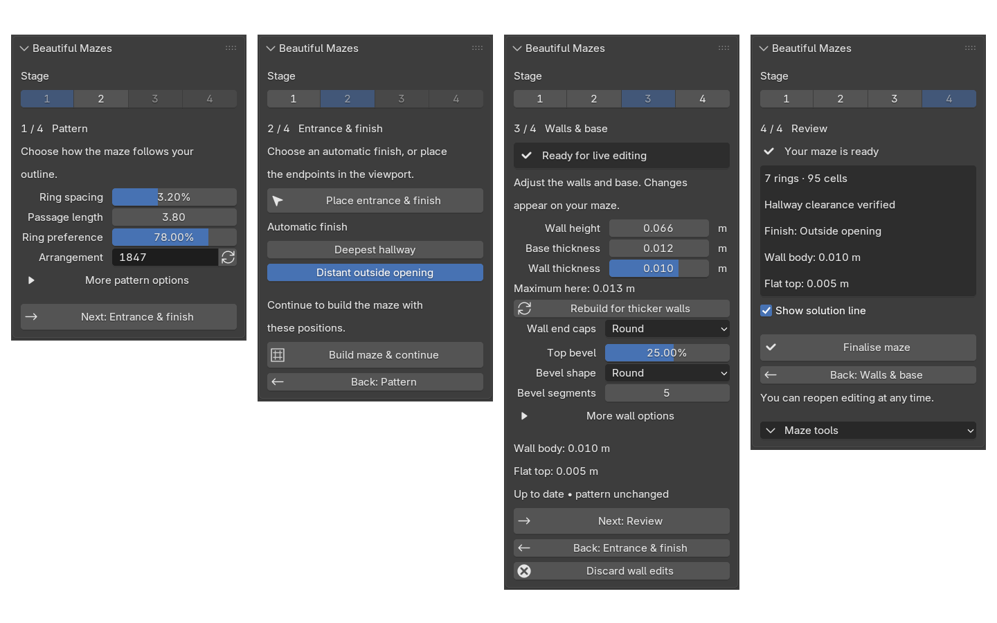 The four stages of the Beautiful Mazes sidebar