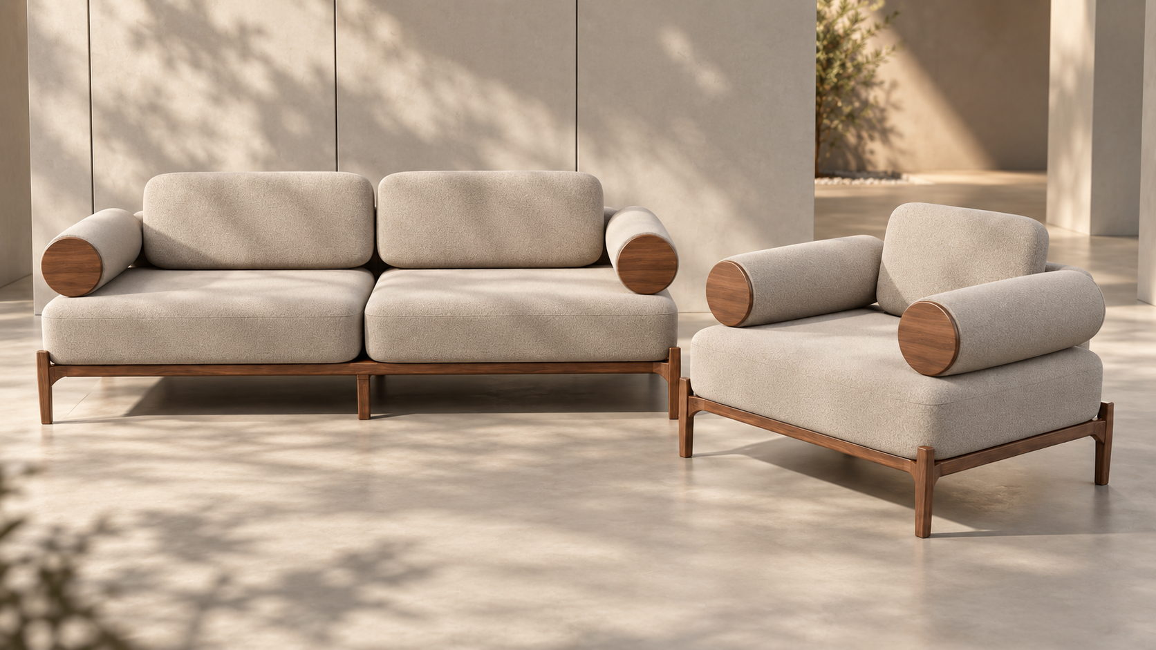 Modern upholstered sofa with cylindrical armrests and wood frame