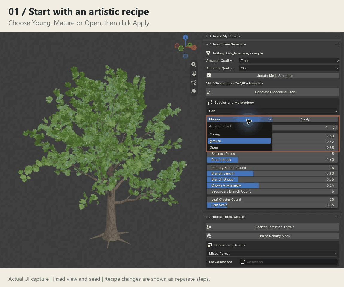 Arboris interface: choose and apply Young, Mature and Open artistic presets