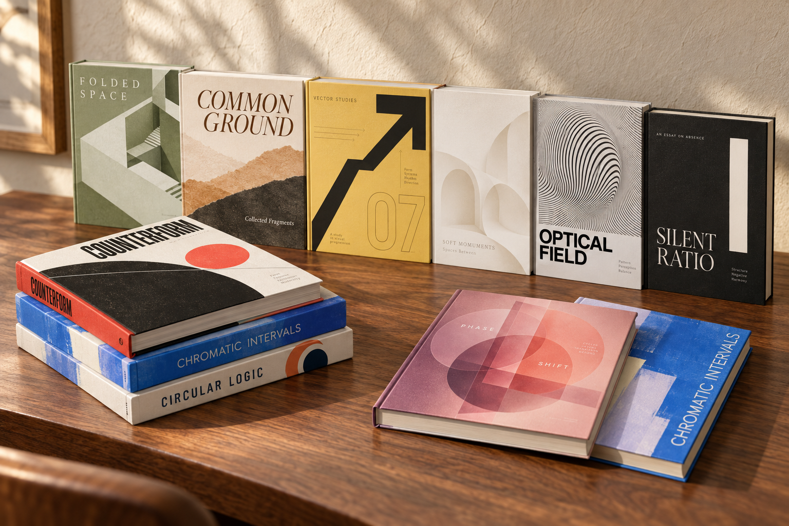 Upright books and a low stack in one collection