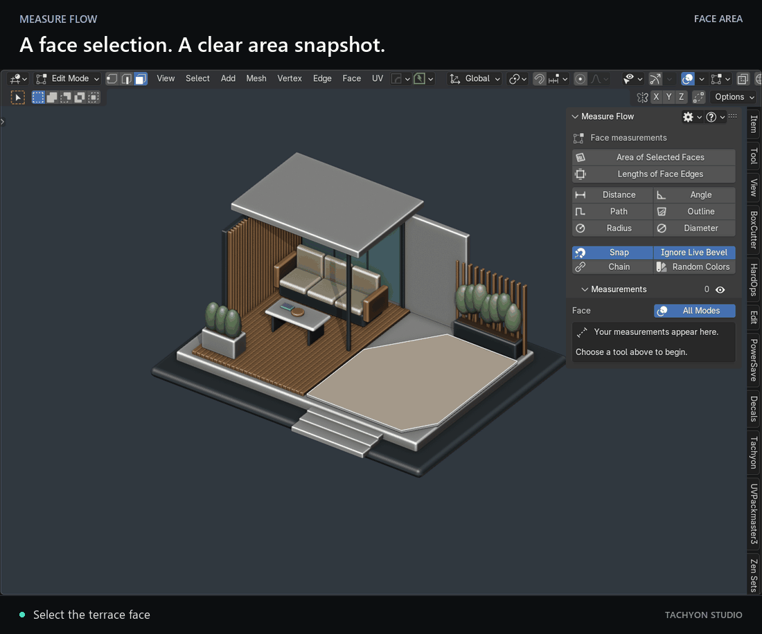 Animated COURTYARD terrace face selection and 10.61 square meter area snapshot with a tinted surface.