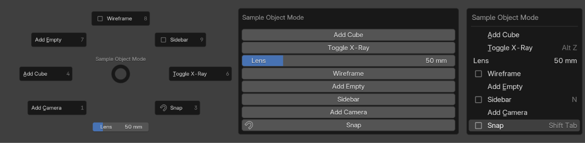 Pie Menu, Popup Menu, and Popup Dialog formats