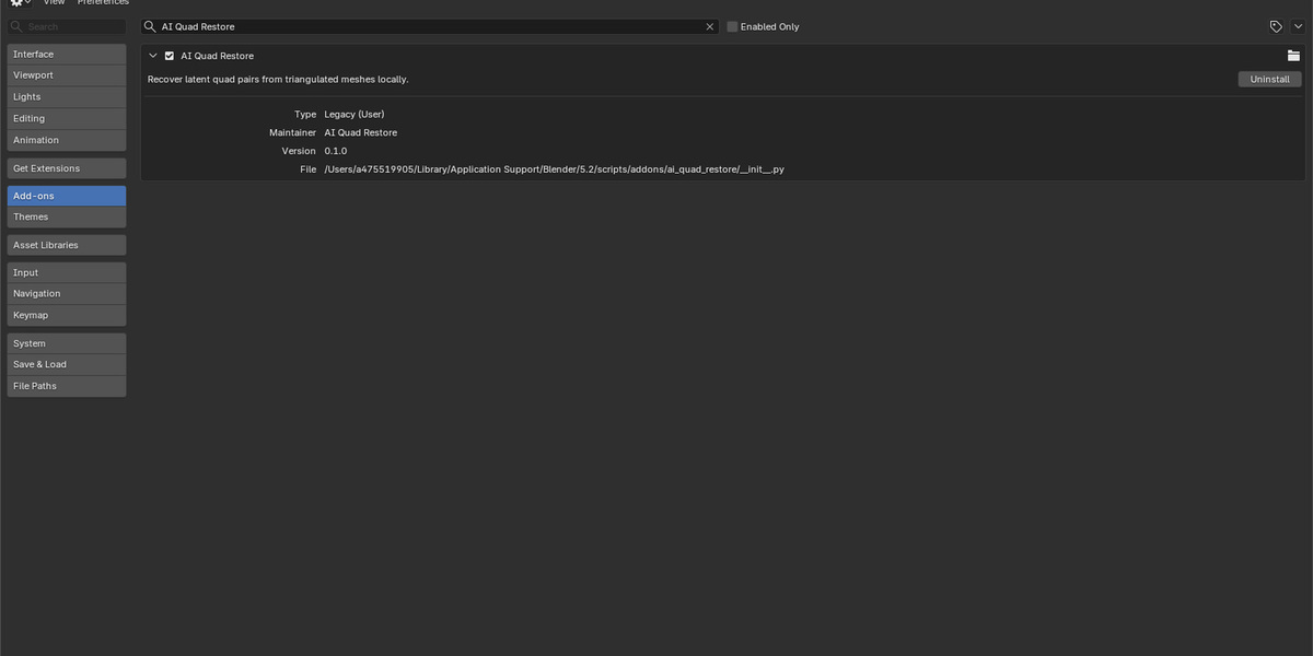 The add-on in Preferences