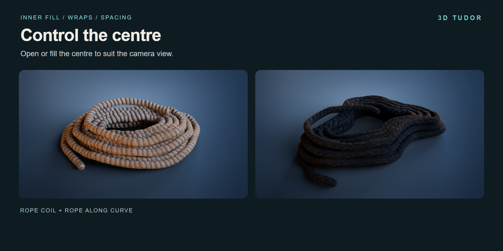 Pale weathered coil with rope crossing its centre beside a dark irregular coil.