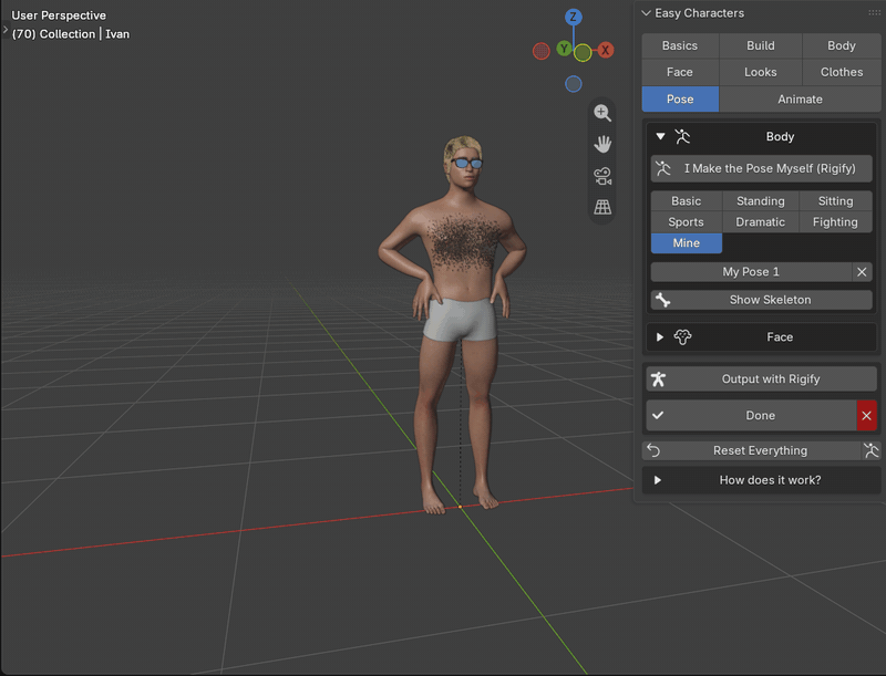 Easy Characters: a character finished with a Rigify rig, then posed with its controls