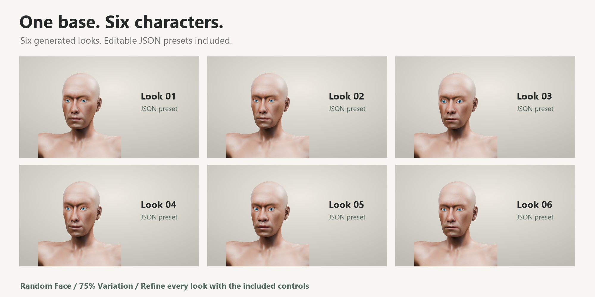 Six generated male looks with included JSON presets