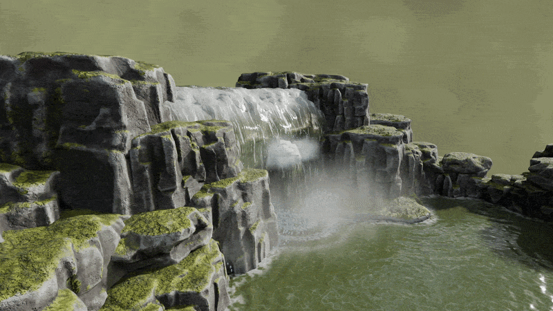 Waterfall animation with surface patterns, spray and mist.