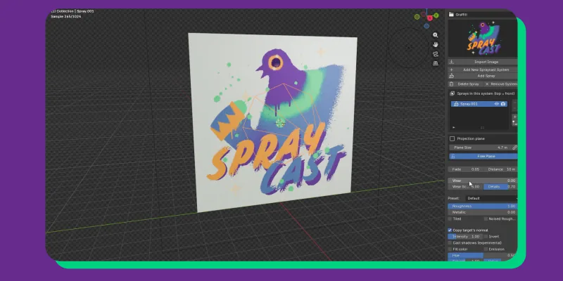 Lots of customization options in Spraycast - adjust roughness, metalness, color and wear on a spray decal