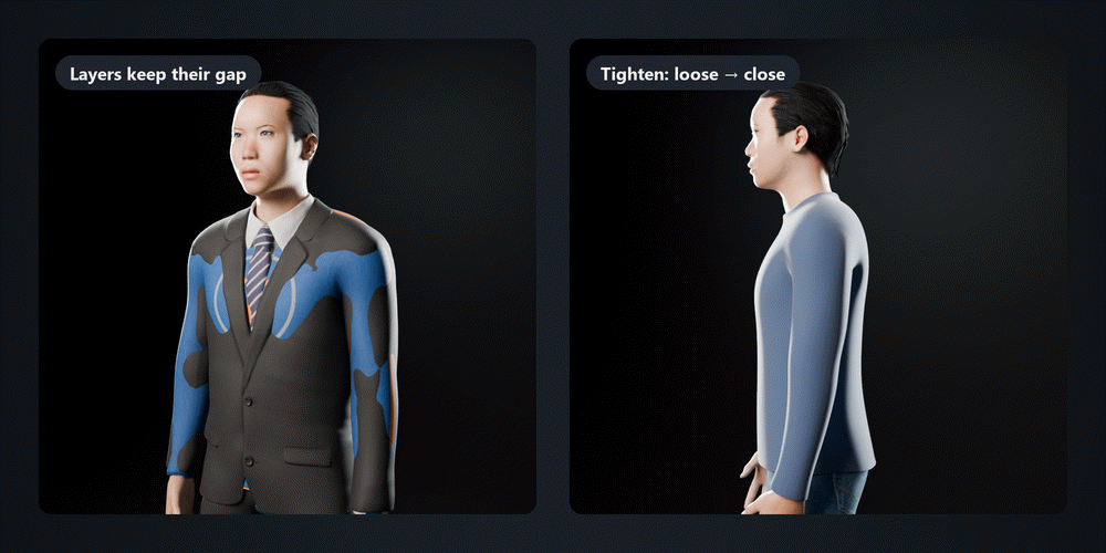 A sweater stops poking through a jacket; a loose sweater is tightened