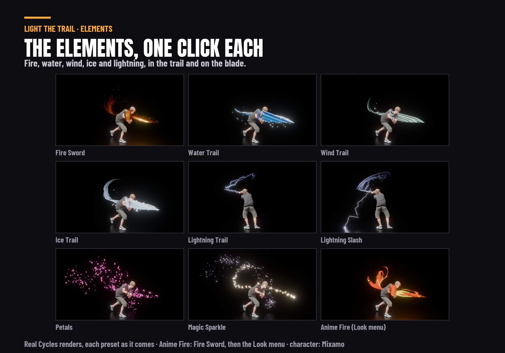 Fire, water, wind, ice and lightning presets