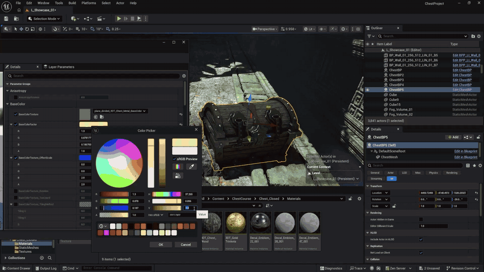Unreal Engine material showcase cycling through editable pirate chest surface variations