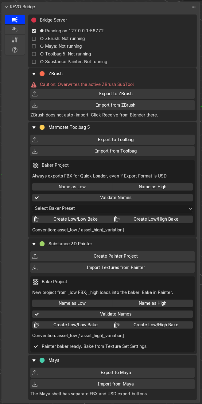 REVO Bridge panel in the Blender 3D View sidebar