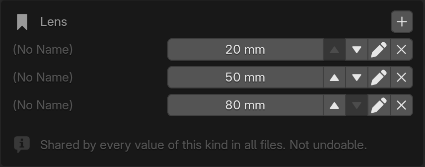 Manage Presets for Lens with saved values 20 mm, 50 mm, and 80 mm