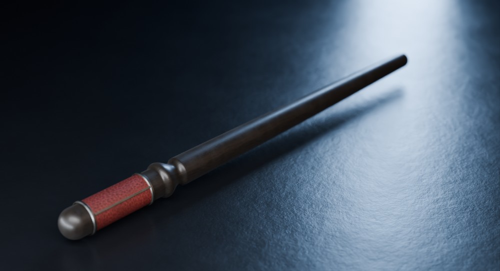 Apprentice: Ebony, leather straps, short and blunt. A wand from Wand Pro Generator