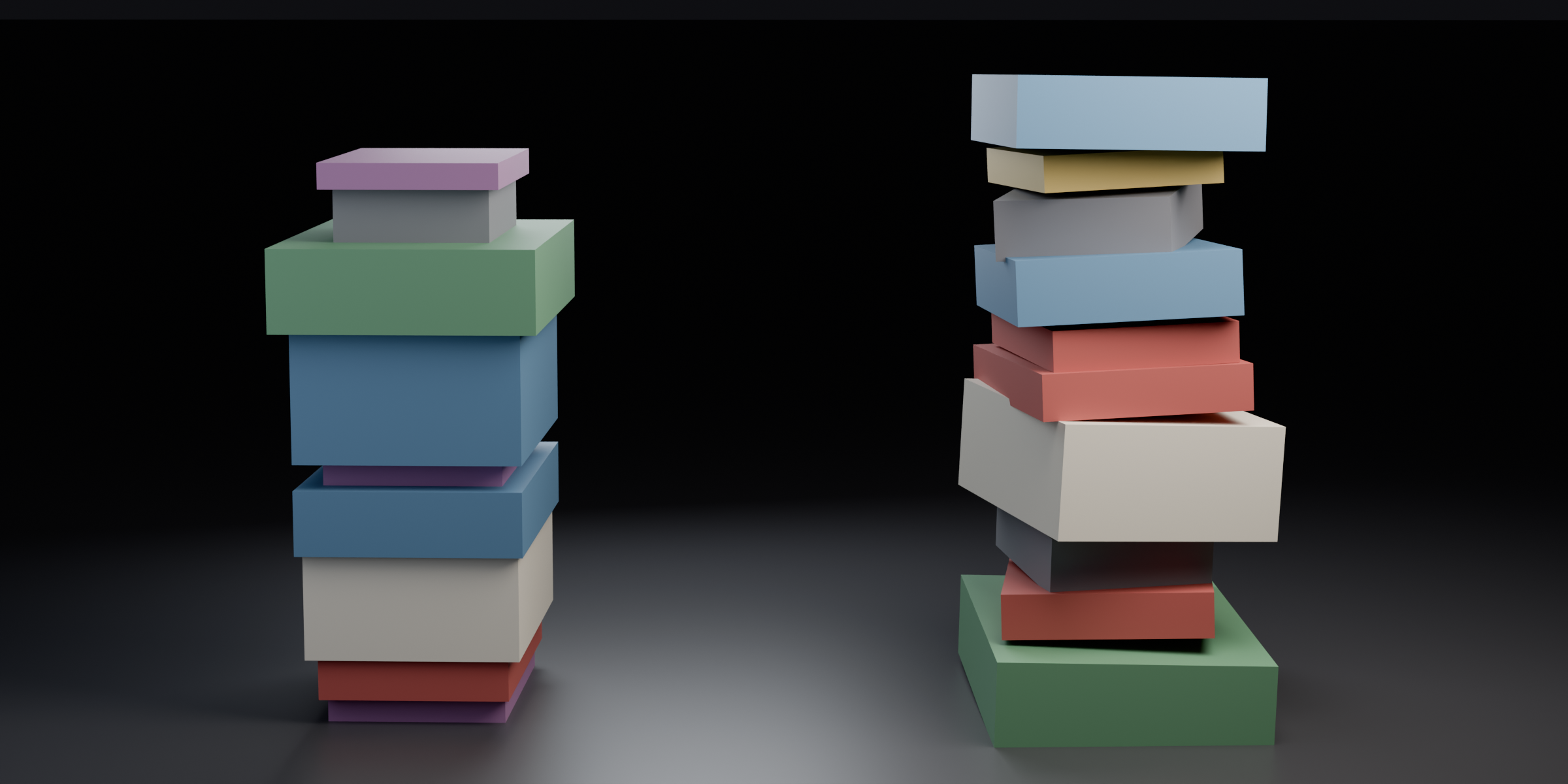 A neat stack beside a heavily randomised one