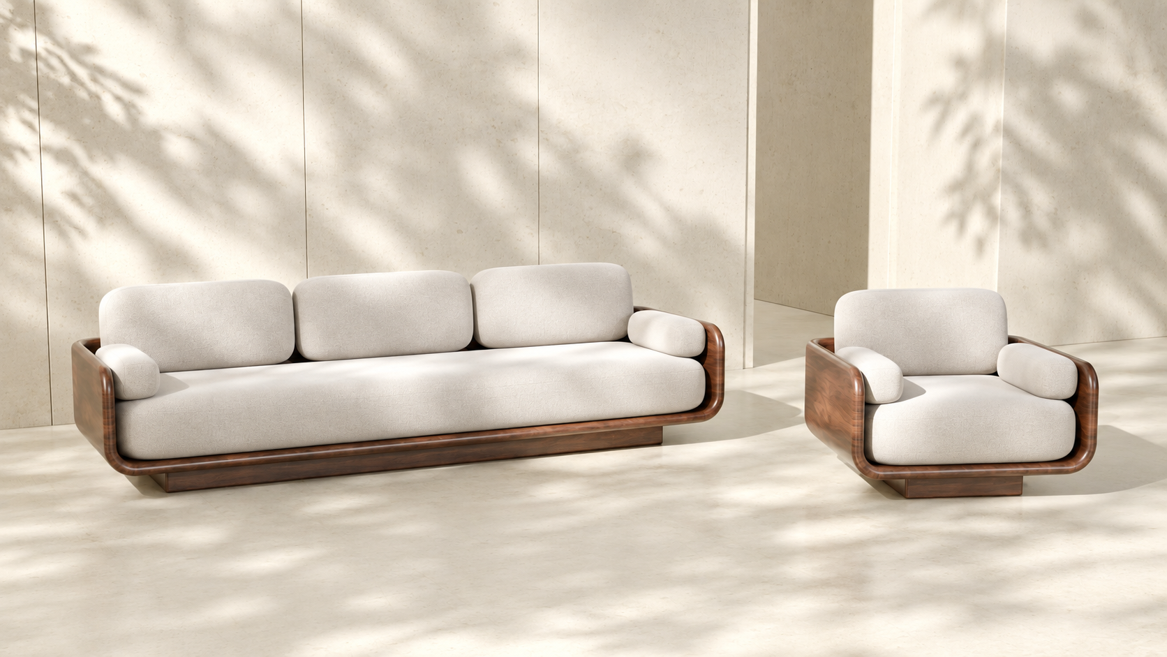 Modern upholstered sofa with rounded wood frame