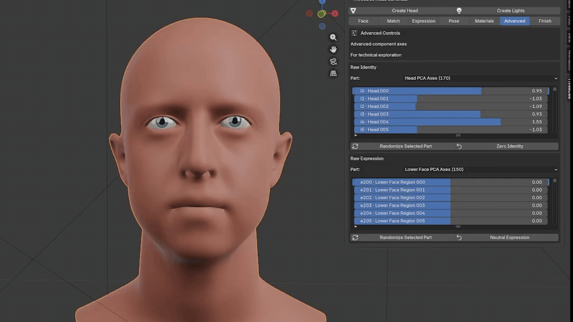 Advanced identity and expression controls in ThreeDee Head Generator