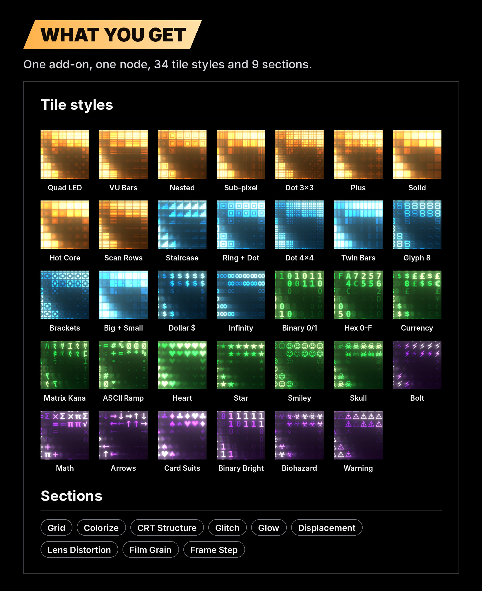 What you get: 34 tile styles and 9 panel sections