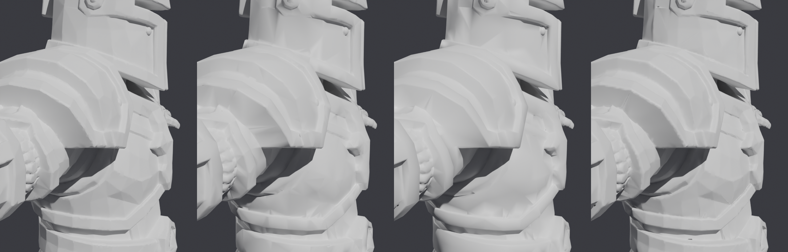 Four renders of a knight's armour: the original, a 130k reduction keeping surface detail, a plain 50k reduction, and 50k with baked detail