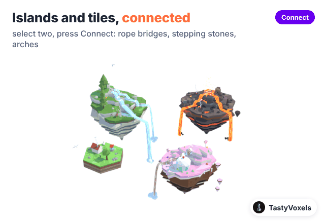Islands and a hex tile joined by a rope bridge, stepping stones and a stone arch that grow plank by plank