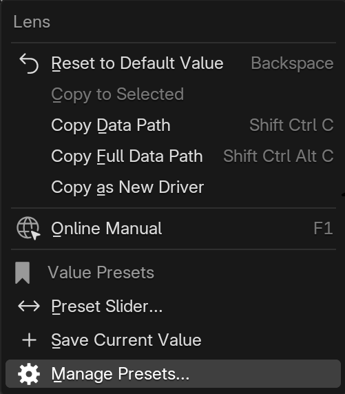 Lens number field right-click menu with Preset Slider, Save Current Value, and Manage Presets