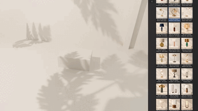 Blender Asset Browser workflow - browse, drag and drop table lamps