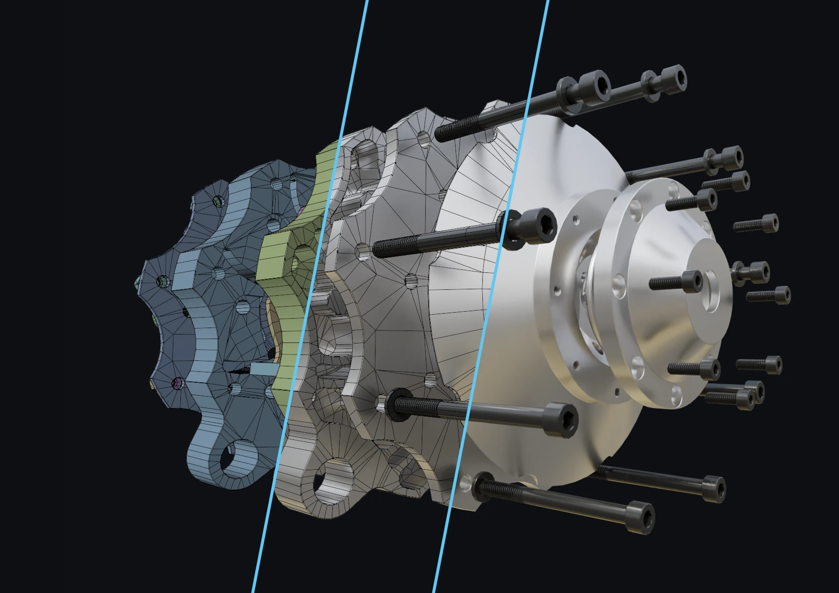 Exploded air engine from Rhino in three slices: solid view with mesh, rendered with mesh, final render