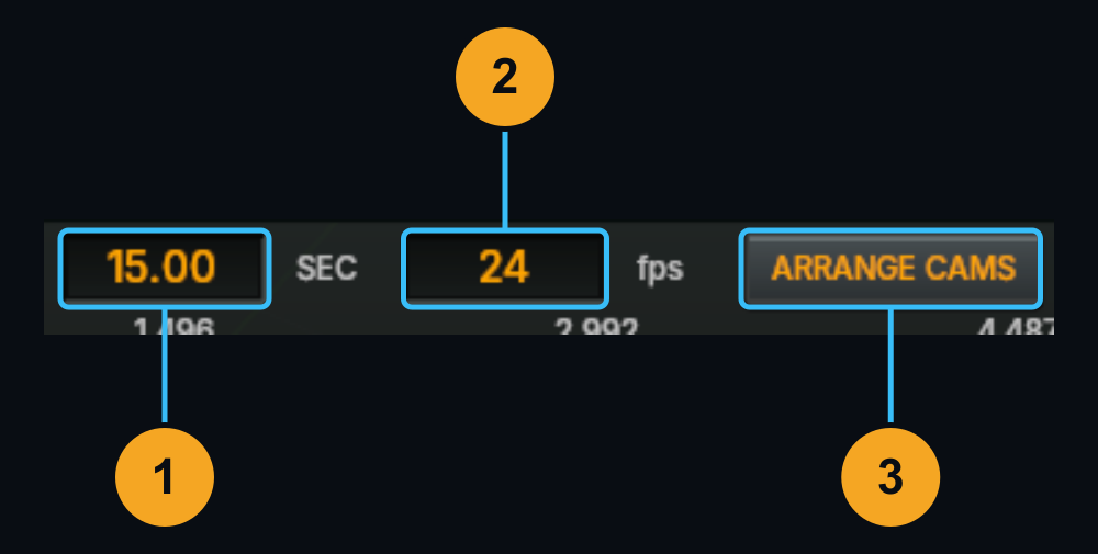 Duration, frame rate and ARRANGE CAMS — callouts 1 to 3