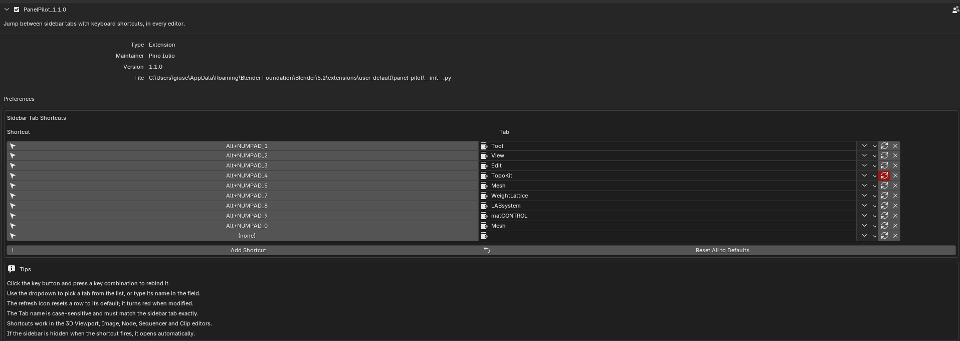 Preferences, custom shortcuts