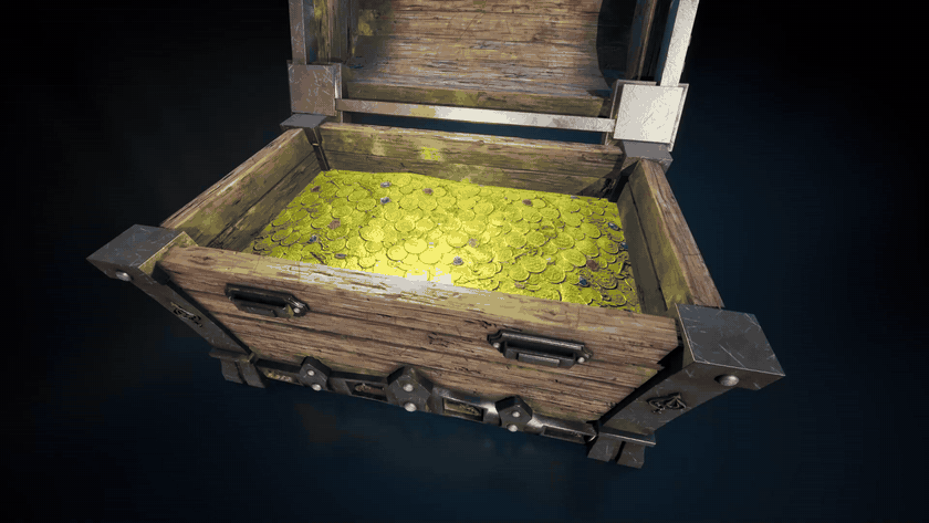 Stylized pirate chest shown in its closed and open states on a presentation background