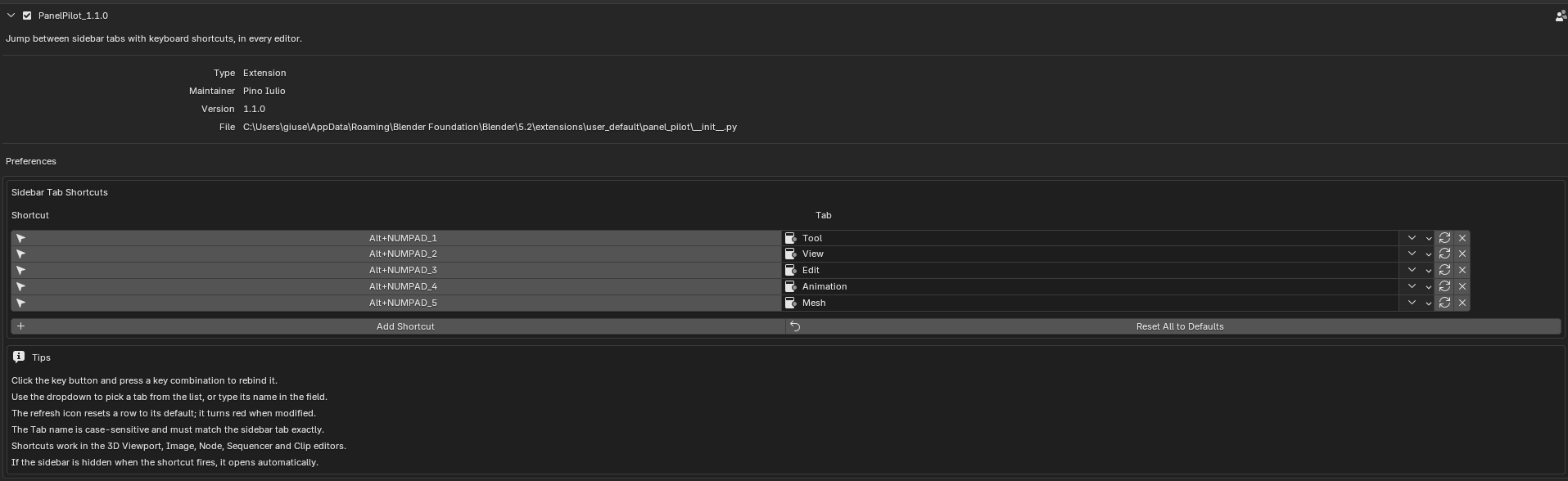 Preferences, default shortcuts