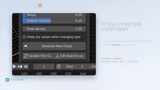 Clicking Generate New Cloud in the Nimbus panel, and the cloud appearing in the viewport