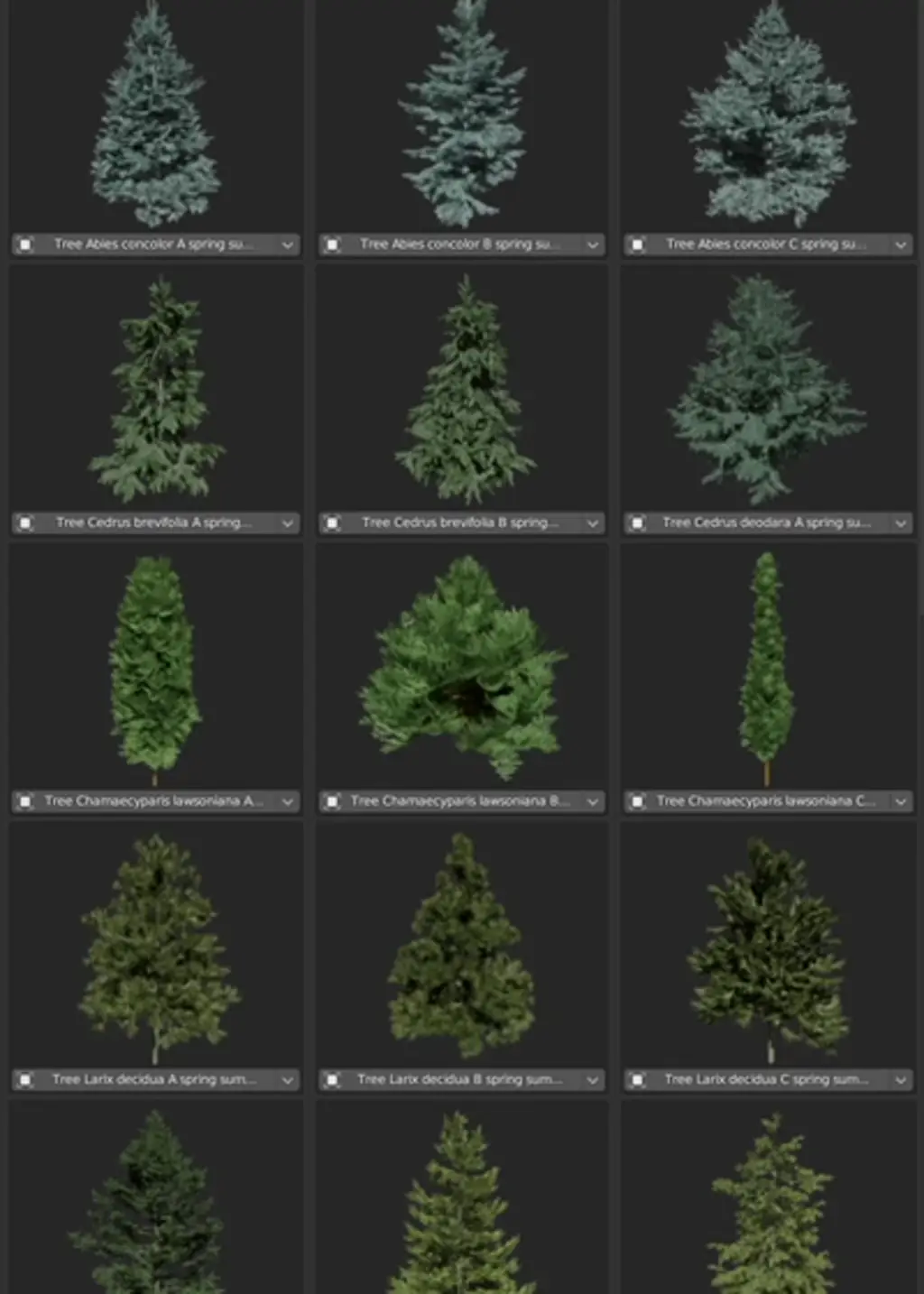 Examples of various assets from coniferous category