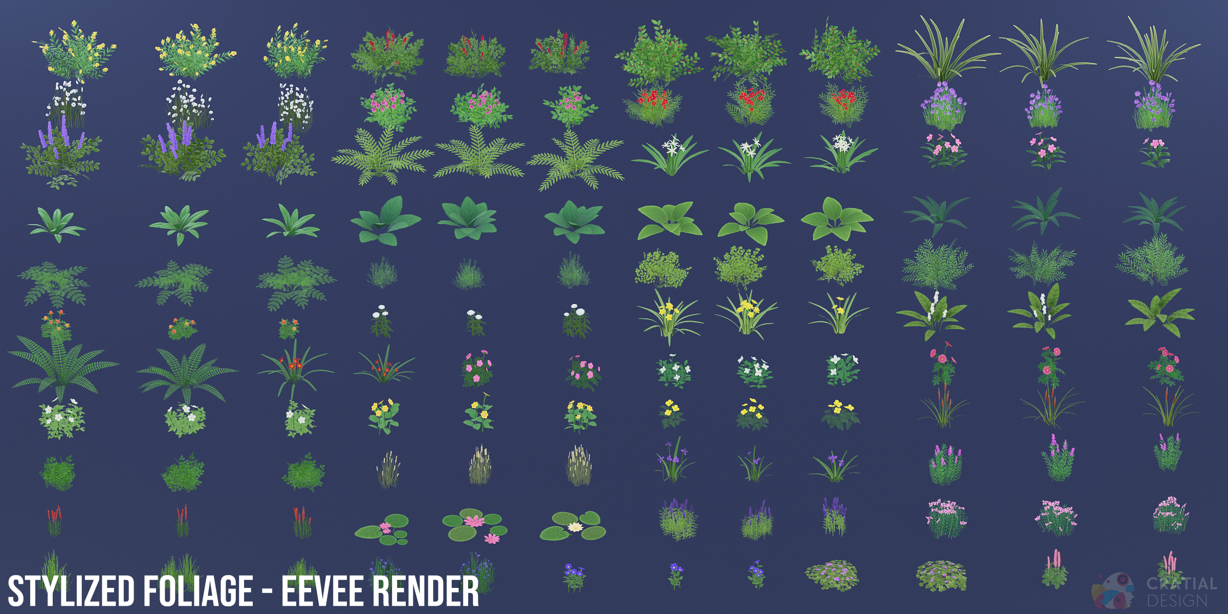 Overview of the complete stylized foliage collection arranged by plant type