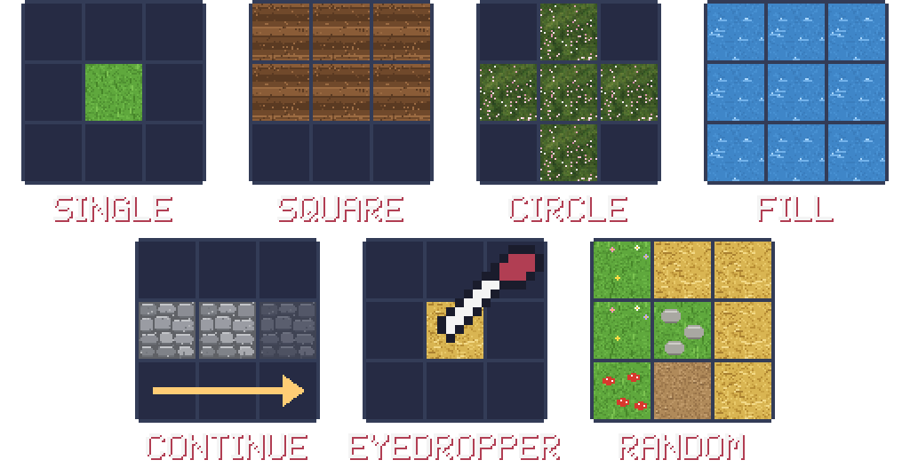 Brushes: Single, Square, Circle, Fill, Continue, Eyedropper, Random